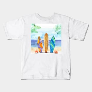 Watercolor surfboard scene Kids T-Shirt